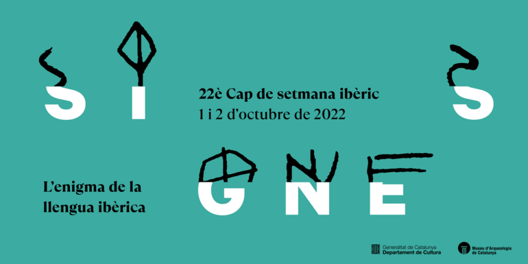 Bàner de la Ruta Ibèrica de 2022, de fons turquesa, amb la paraula SIGNES on cada lletra té una meitat imitant una grafia ibèrica.